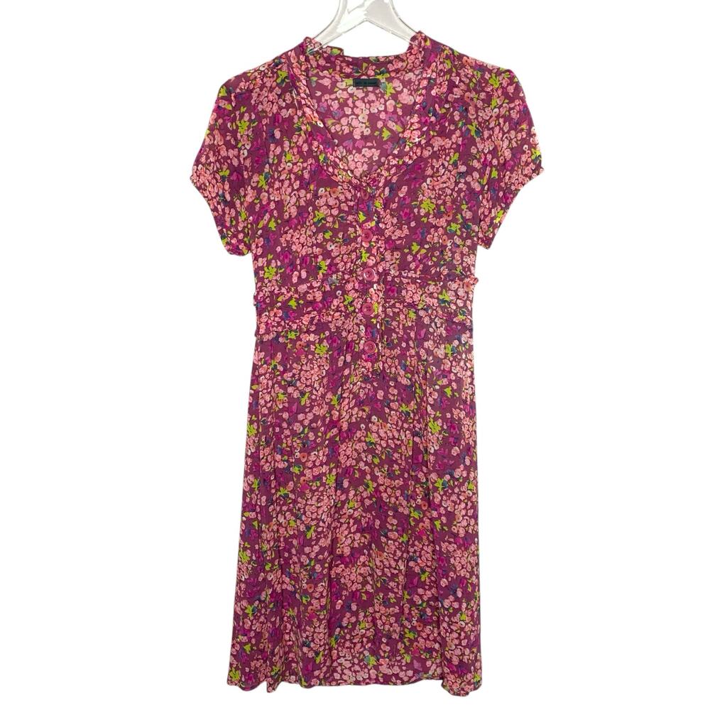 Anthropologie S Left Of Center Pink Red Floral Short Puff Sleeve Dress Cottage